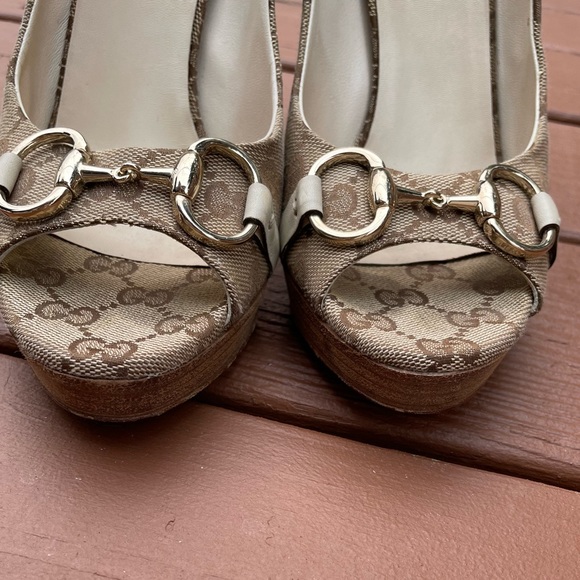 Gucci Beige GG Canvas  Horsebit Peep Toe Pumps - Picture 5 of 15